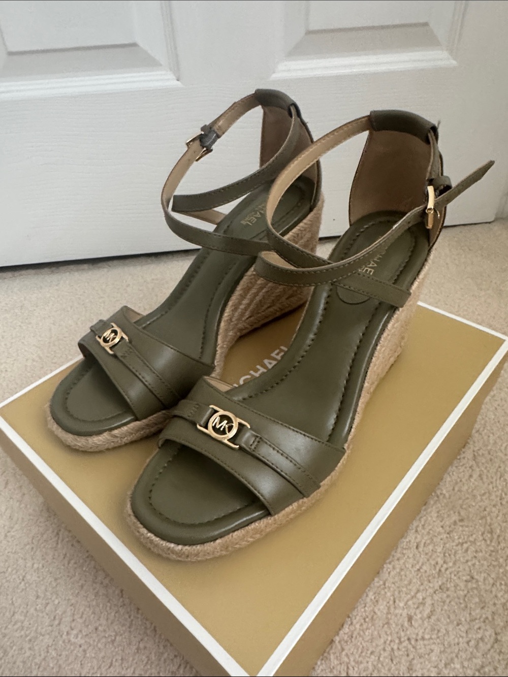 MICHAEL Michael Kors Olive Leather Espadrille Wedges with Gold MK Accent